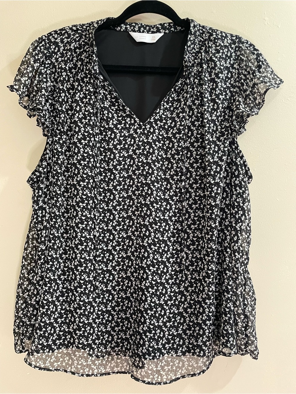 LC Lauren Conrad Black White Abstract Print Ruffle Sleeve Polyester Blouse XXL